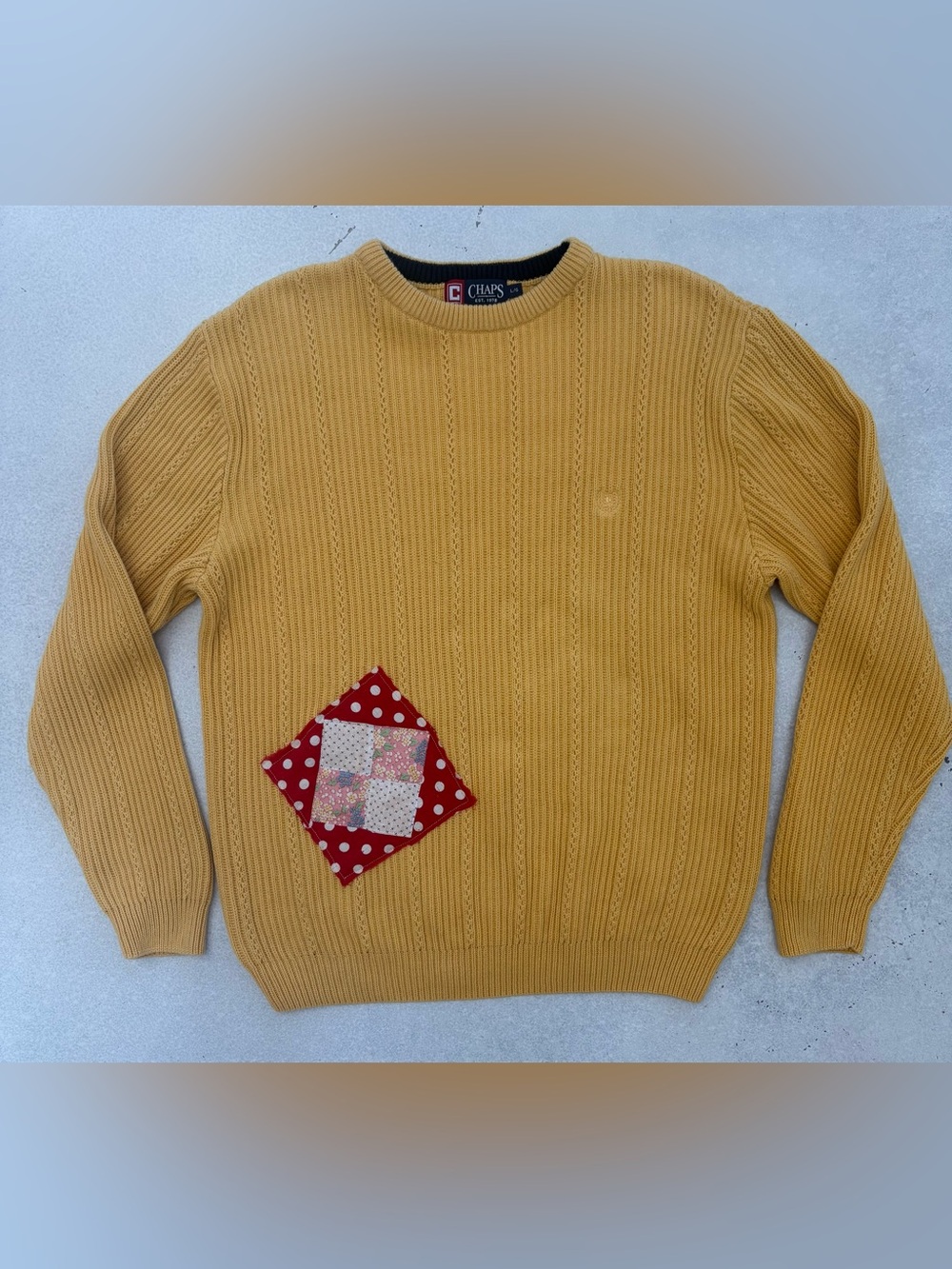 Vintage Chaps Ralph Lauren Yellow Sweater 1920s Feedsack Quilt Patch - Large - Picture 2 of 8